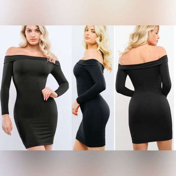 Popilush Long Sleeve Off-the-Shoulder Bodycon Mini Dress Women’s Size S~NWT - Picture 1 of 8